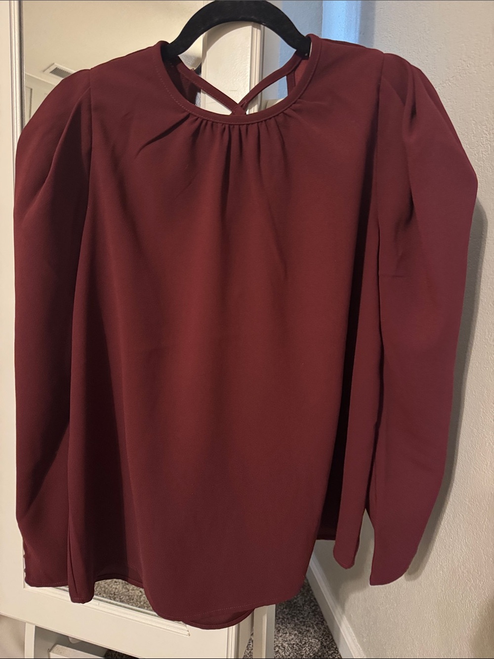 Express Women's Burgundy Long-Sleeve Blouse with Back Strap Detail